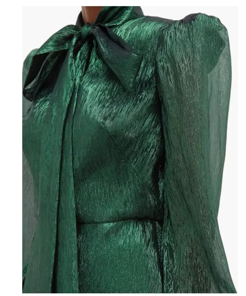 The Vampire's Wife The Pussybow Plissé Silk-Blend Lamé Mini Dress Dark Green Lame Size 10 photo 2
