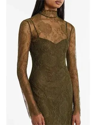 Carla Zampatti Juniper Chantilly Lace Sleeved Gown Olive Size 14 photo 2