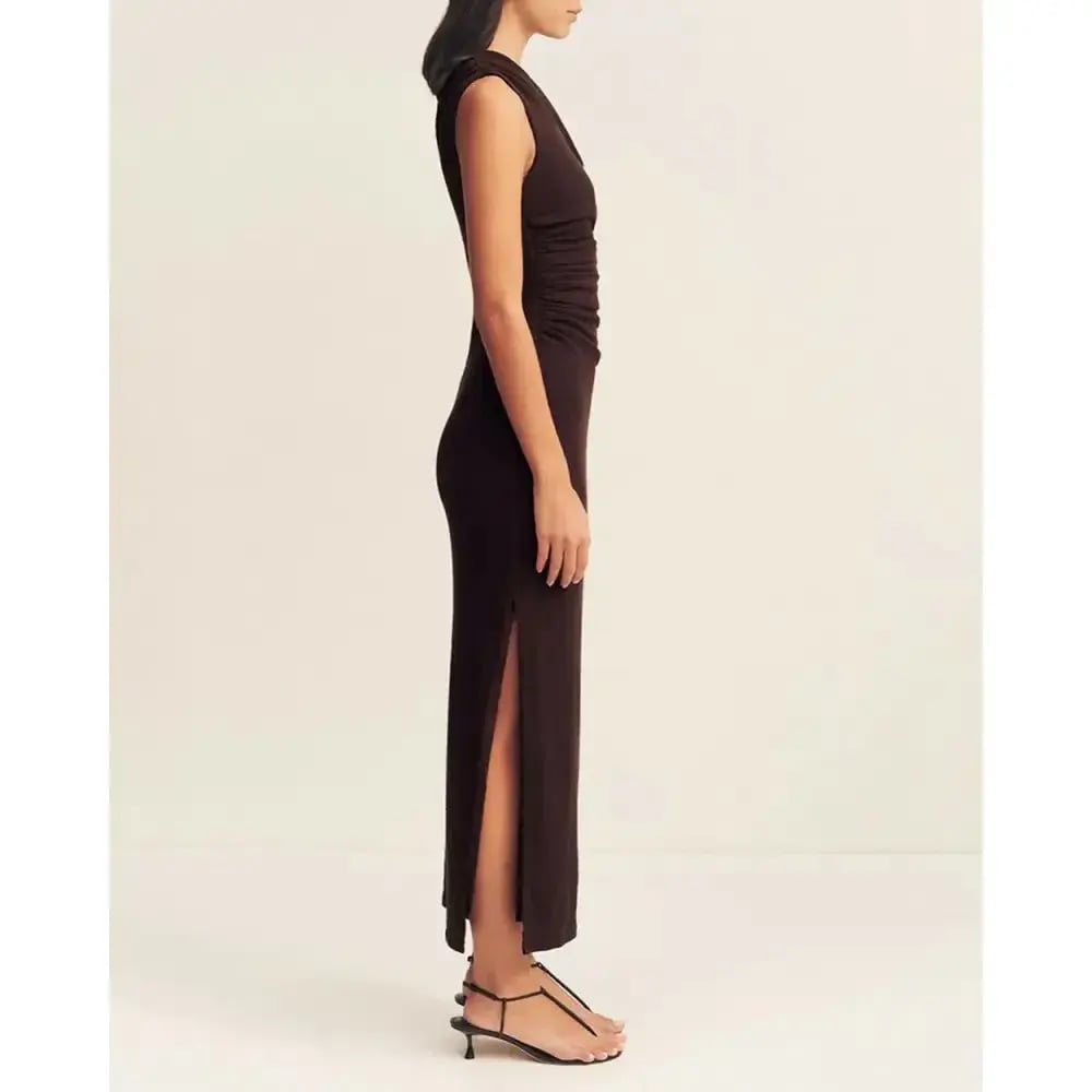 Shona Joy Beau Gathered Asymmetrical Midi Dress Brown Size AU 8 photo 2