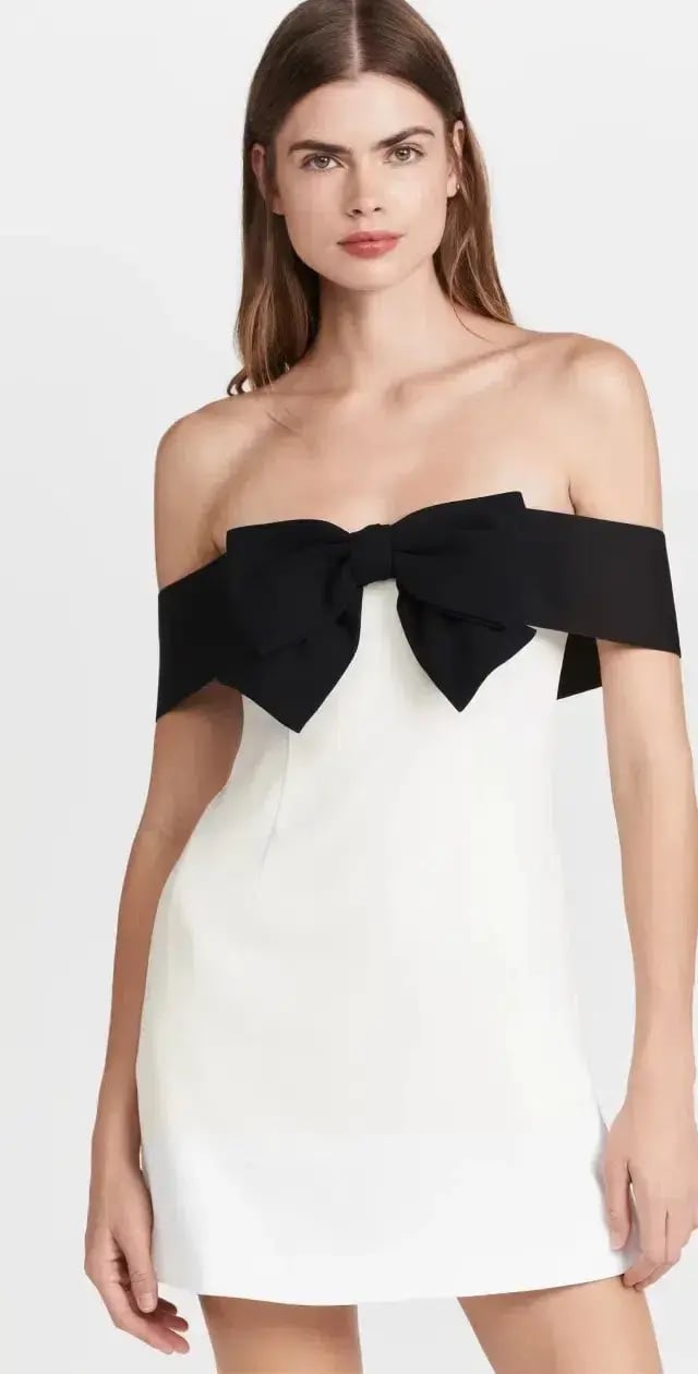 Self Portrait Off Shoulder Bow Mini Dress White/Black Size 10-12 photo 4