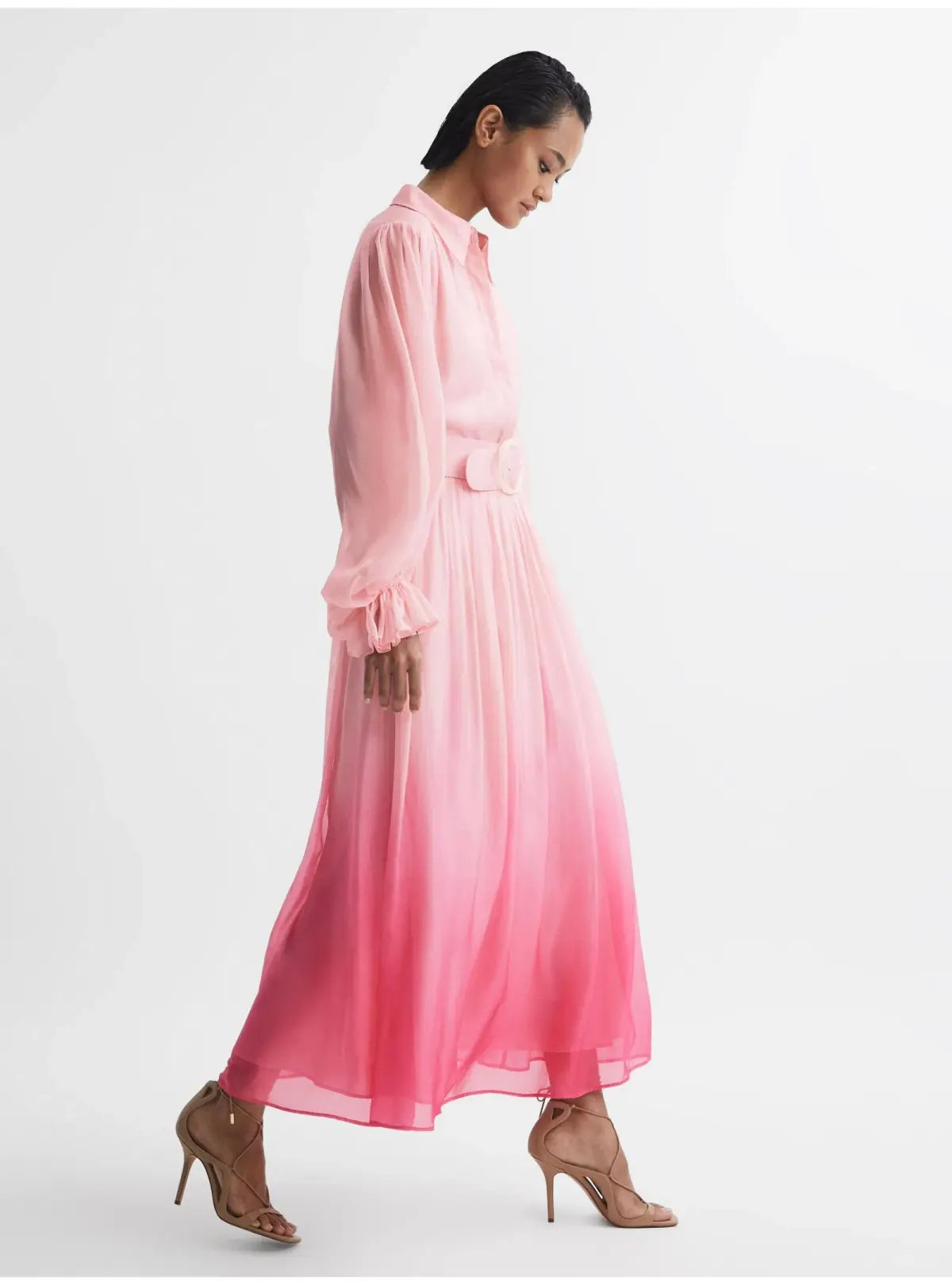 Leo Lin Cassie Tie Neck Midi Dress Ombre Pink Size 12 photo 3