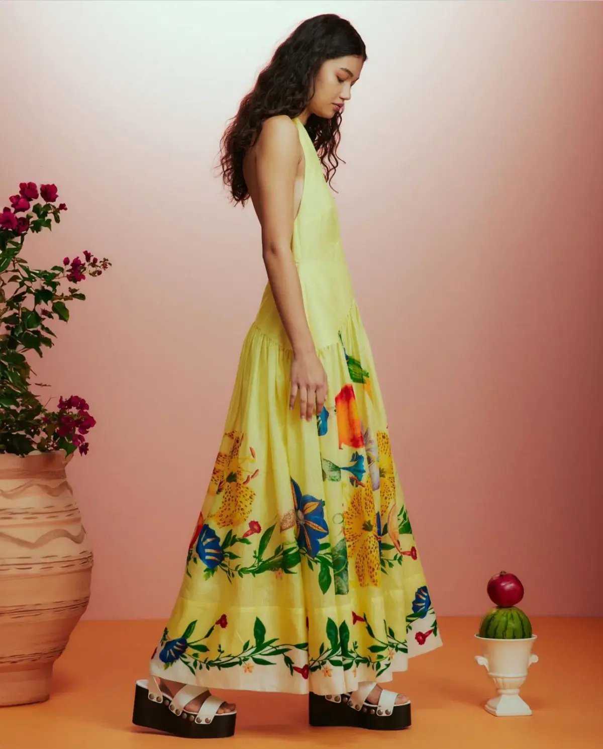 Alemais  Dahlia Halter Gown Midi Yellow Print Size AU 10 photo 2