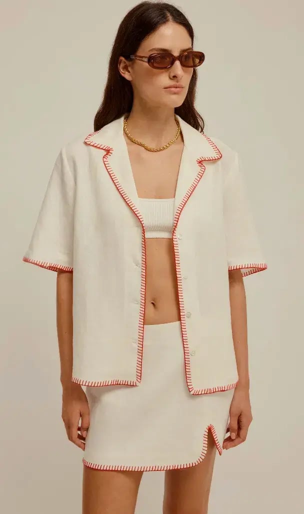 Venroy Blanket Stitch Linen Shirt & Skirt Set Pearl White Size 8 photo 2