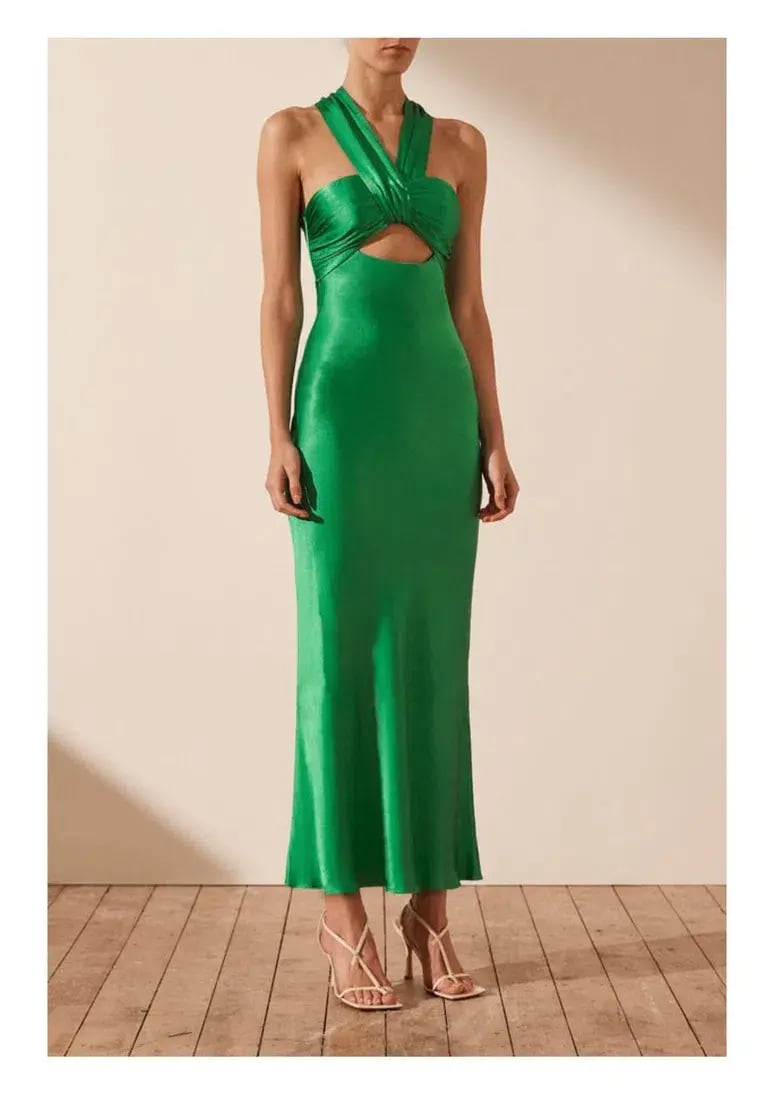 Shona Joy Lana Ruched Halter Midi Dress Tree Green Size AU 8 photo 2