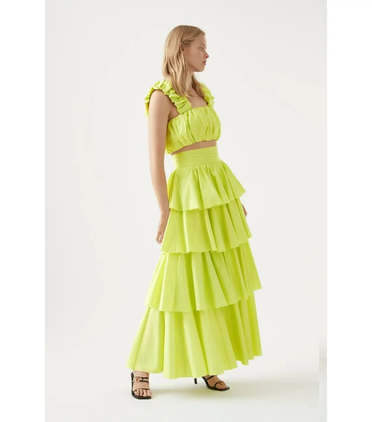 Aje Medina Ruched Top Size AU 12 and Tiered Midi Skirt Size AU 14 Set in Lemon photo 2