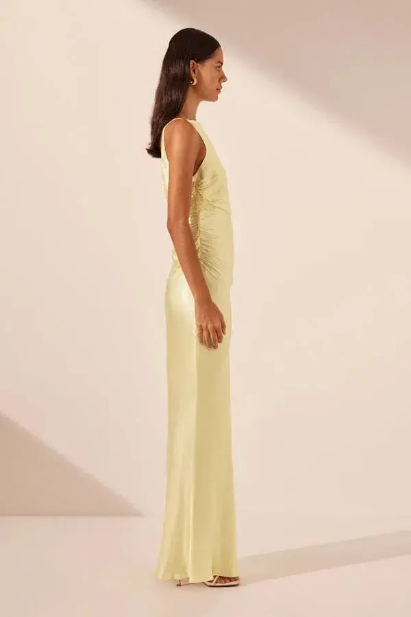 Shona Joy La Lune High Neck Ruched Maxi Dress Lemon Size 10 photo 3