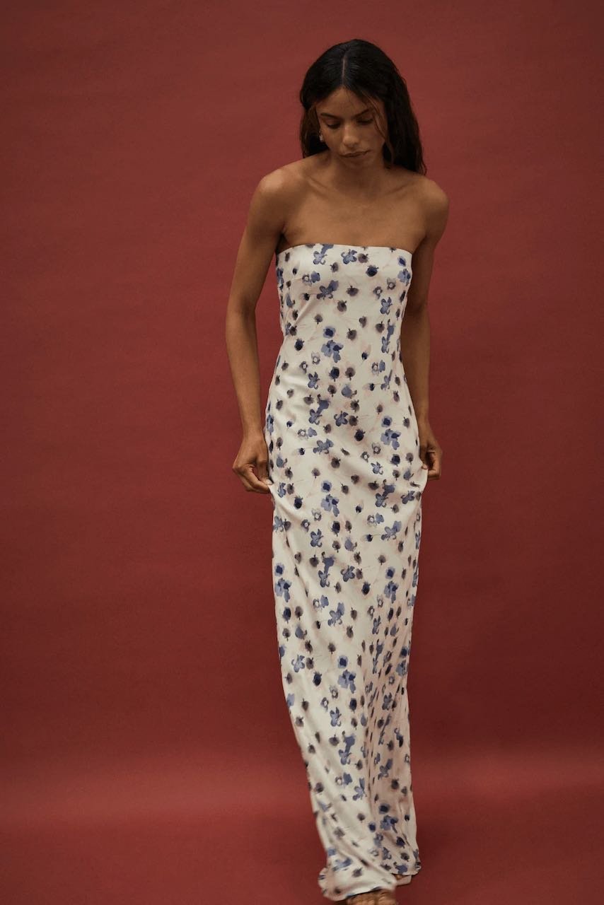 Third Form Blue Bias Strapless Dress - Floral photo 3
