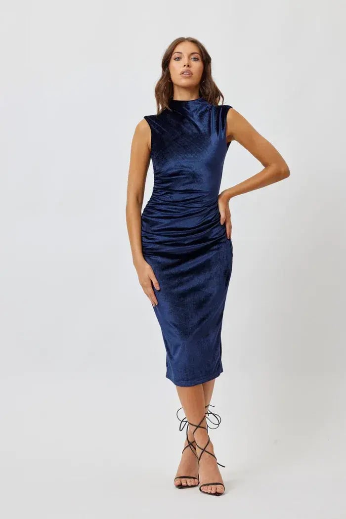 Bianca And Bridgett Velvet Midi Length Dress In Navy Size 16 photo 3