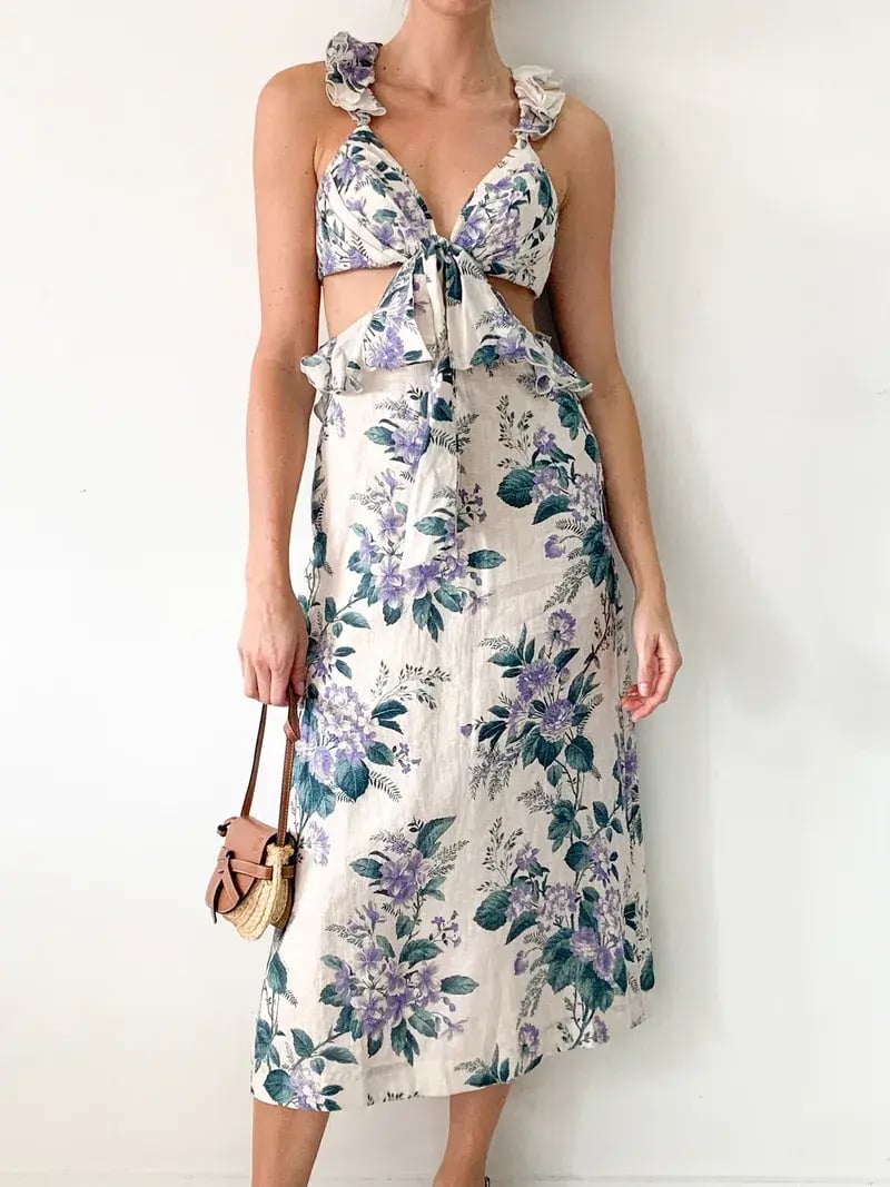 Zimmermann Cassia Ruffle Linen Midi Dress Floral Size 0 / AU 6-8 photo 2