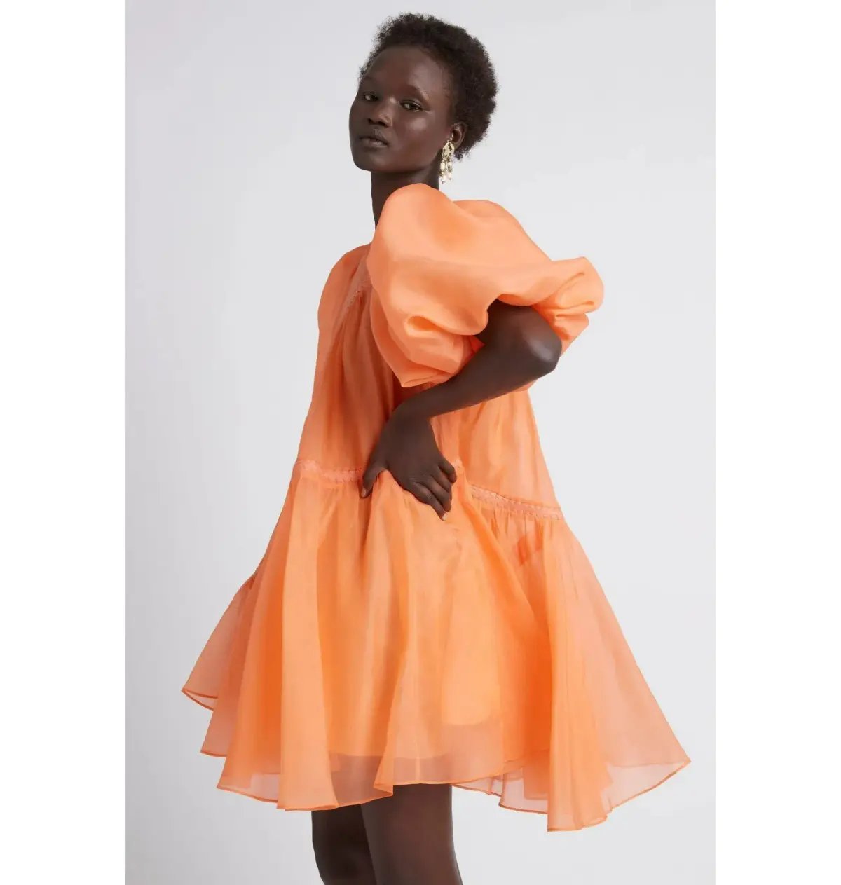 Aje Riviera Asymmetric Braided Puff Sleeve Mini Smock Dress Mandarin Orange Size AU 8 photo 2