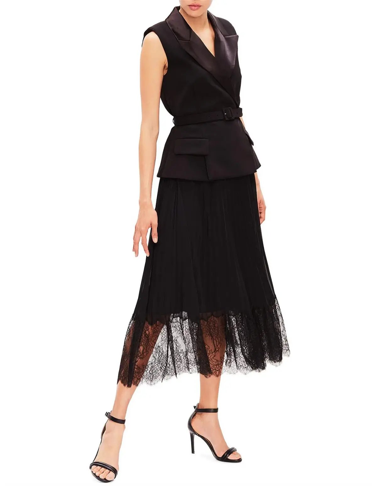 Self Portrait Tailored Crepe and Chiffon Midi Dress Black Size 12 photo 2
