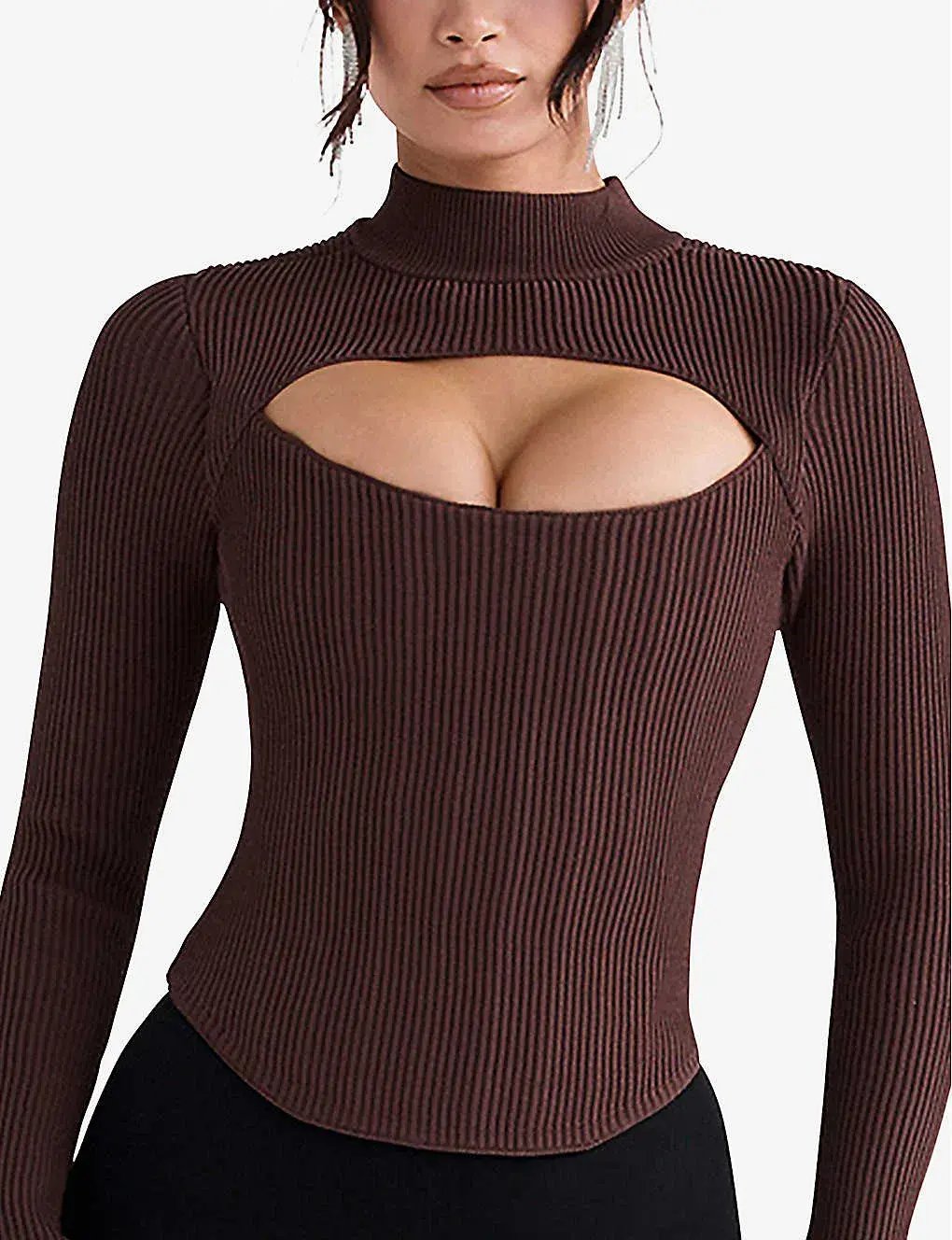 House Of Cb Georgina Cut-out Stretch-knit Top Brown Size XS / AU 6 photo 2