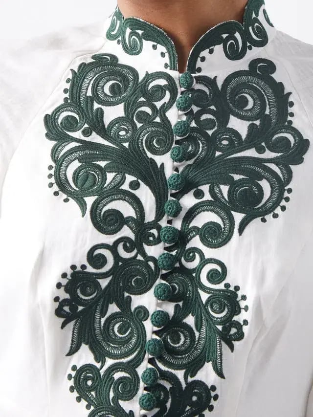 Zimmermann Anneke Tassel-Trimmed Embroidered Linen Dress Ivory/Green Size 0 / Au 8 photo 3