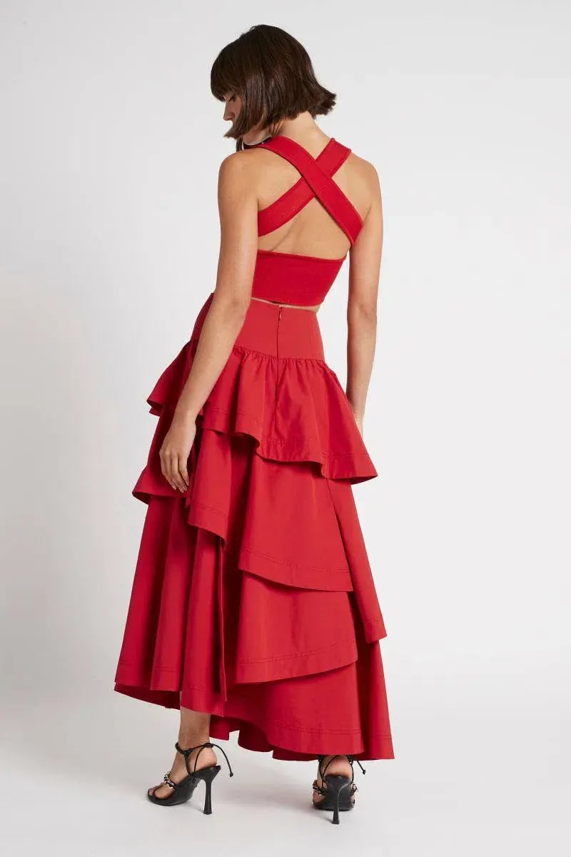 Aje Cosmos Tiered Frill Midi Skirt Red Size 8 photo 5