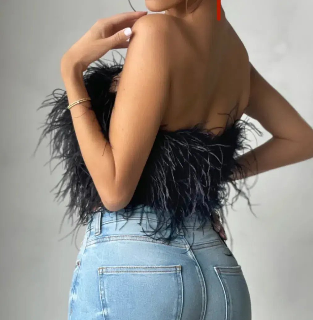 Bardot Ostrich Feather Bandeau Top Black Size 6 photo 3