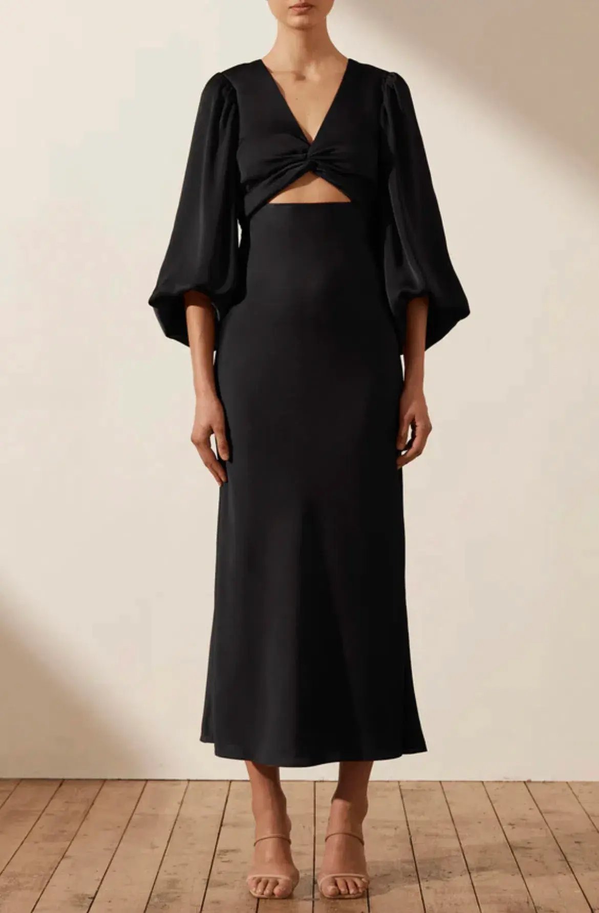 Shona Joy Luxe Twist Front Balloon Sleeve Midi Dress Black Size 6 / XS photo 2