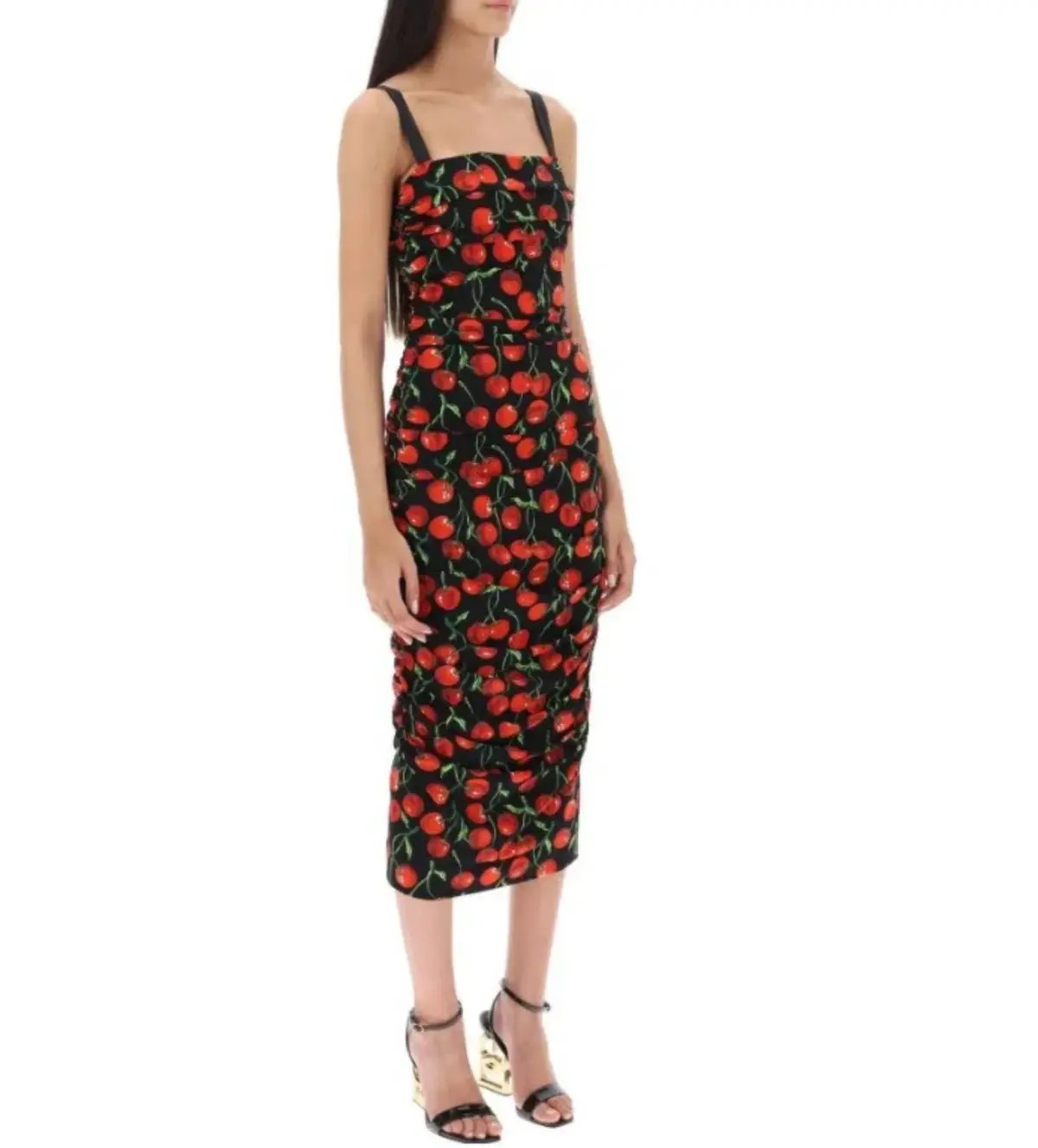 Dolce & Gabbana Cherry-Print Ruched Midi Dress Black Size AU 10 photo 2