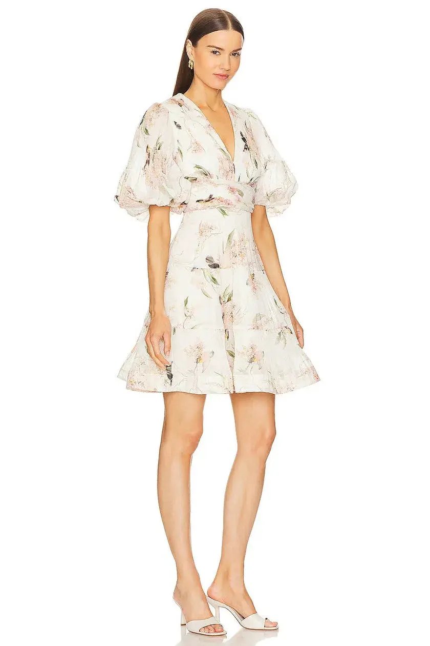 Zimmermann Pleated Mini Dress Coral Birds Print Size 3 / AU 14 photo 2