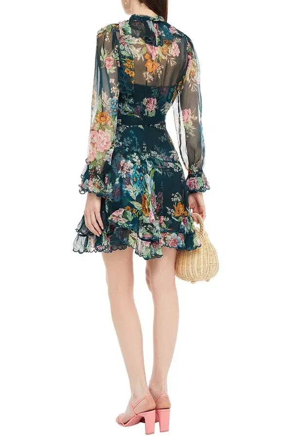 Zimmermann Wavelength Scallop Ruffled Wrap Around Mini Dress Teal Daphne Floral Print Size 1 / AU 10 photo 2