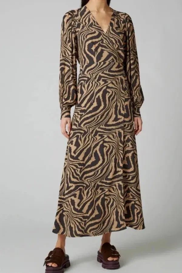 Ganni Tiger Print Midi Wrap Dress Animal Print Size AU 8 photo 3