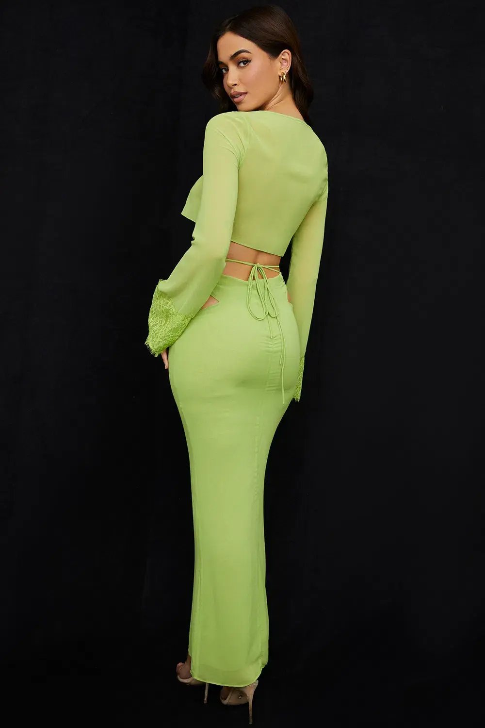 House of CB Tara Georgette Cropped Top Size M & Madeline Georgette Maxi Skirt Size L Set Lime Green photo 3