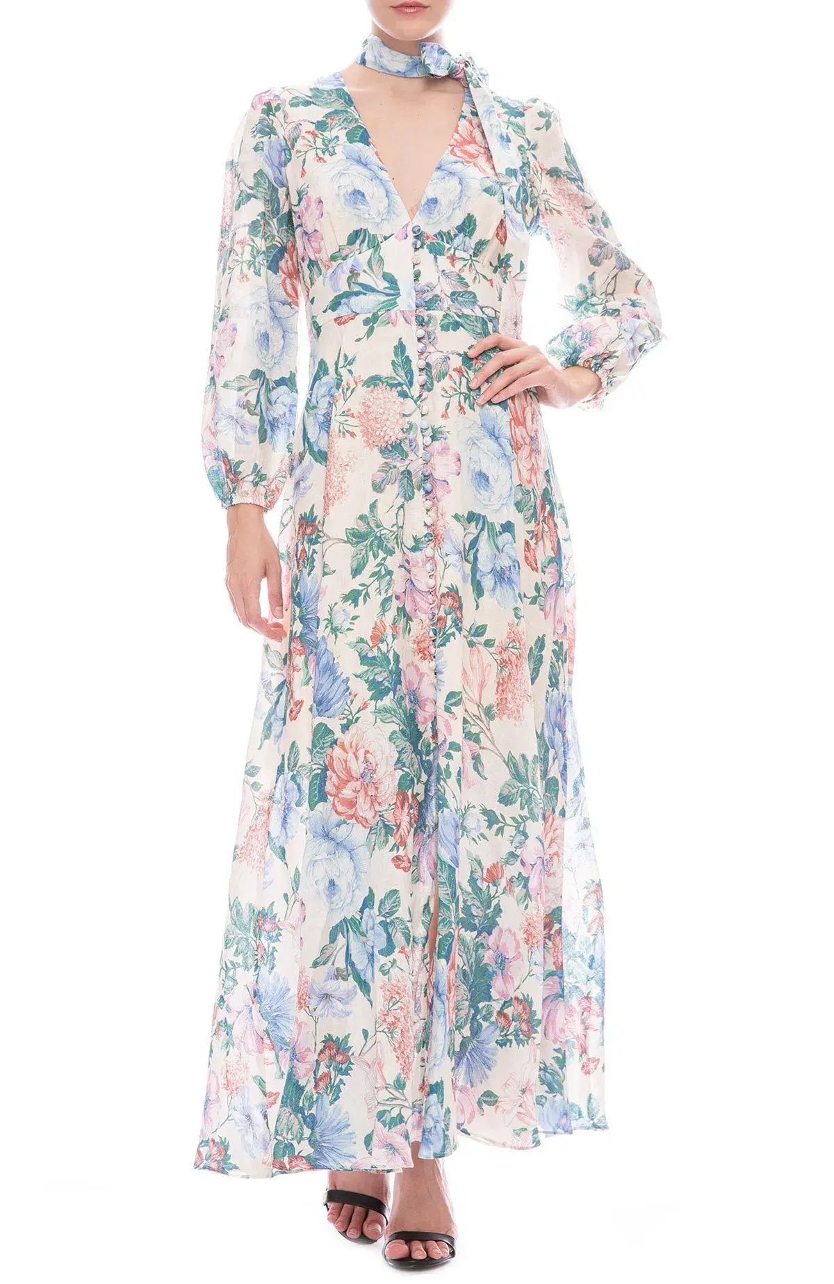 Zimmermann Verity Plunge Long Dress Cream Floral Size 8 photo 2