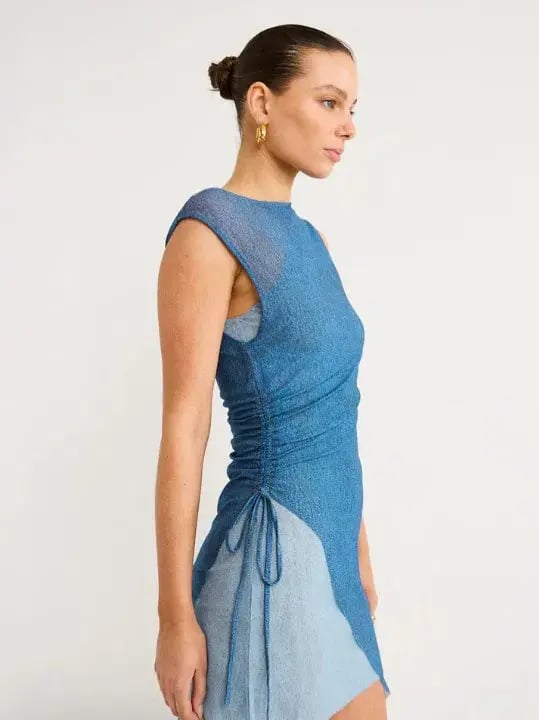 Bec & Bridge Hayden Asym Mesh Mini Dress Spliced Denim Blue Size AU 10 photo 2