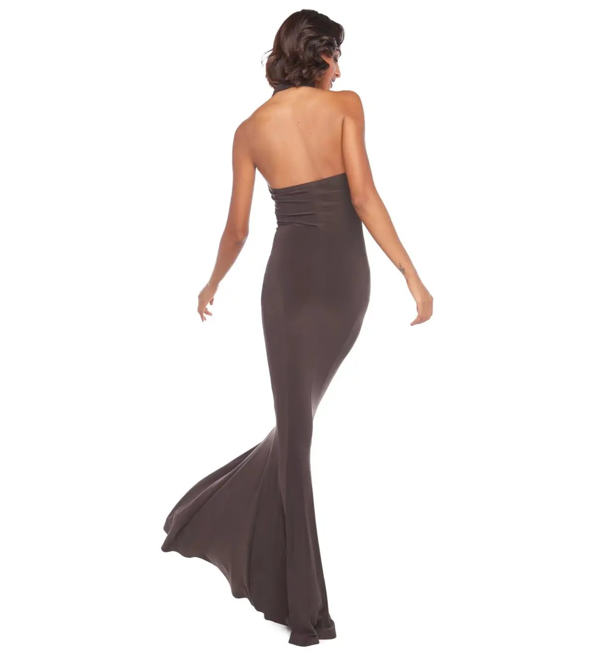 Norma Kamali Halter Turtle Fishtail Gown Chocolate Size AU 8 photo 5
