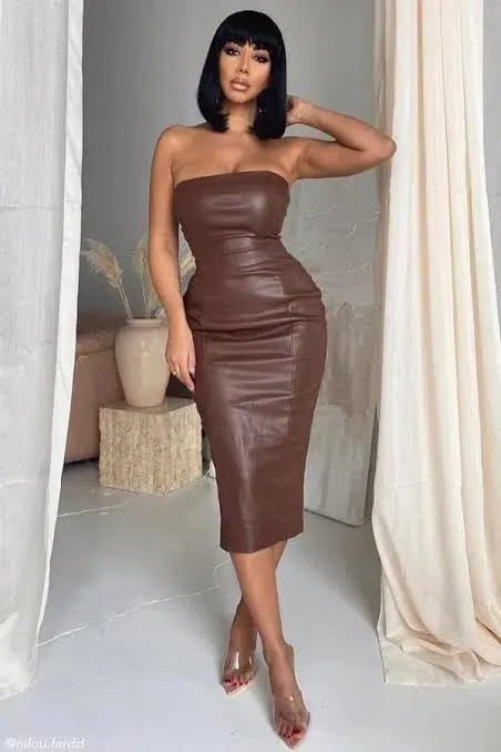 Meshki Pamela  Strapless Faux Leather Dress Brown Size S photo 3