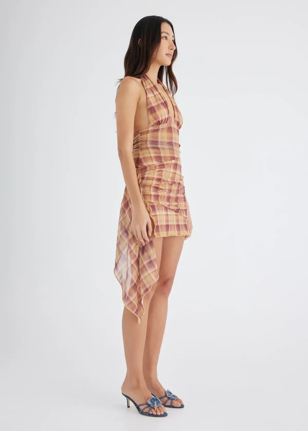 BENNI Penelope Halter Dress Toffee Check Size 8 photo 2