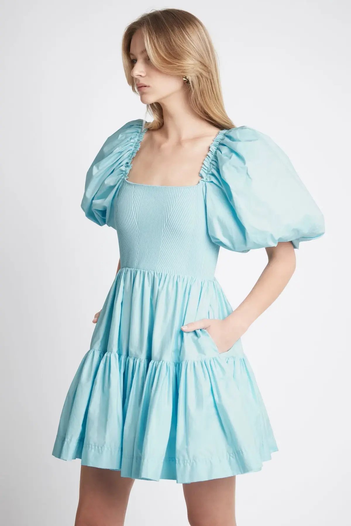 Aje Casa Puff Sleeve Knit Mini Dress Ice Blue Size 14 photo 5