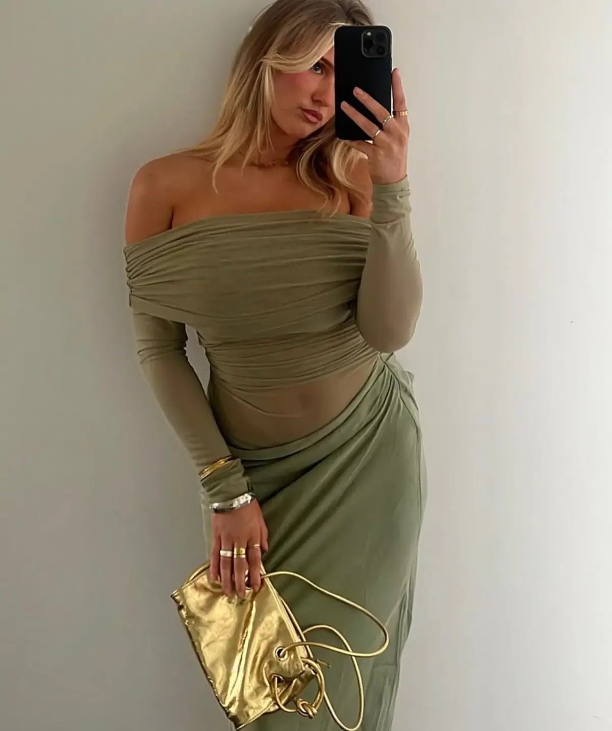 Benni Yasmin Off Shoulder Maxi Dress Pistachio Green Size 10 photo 2
