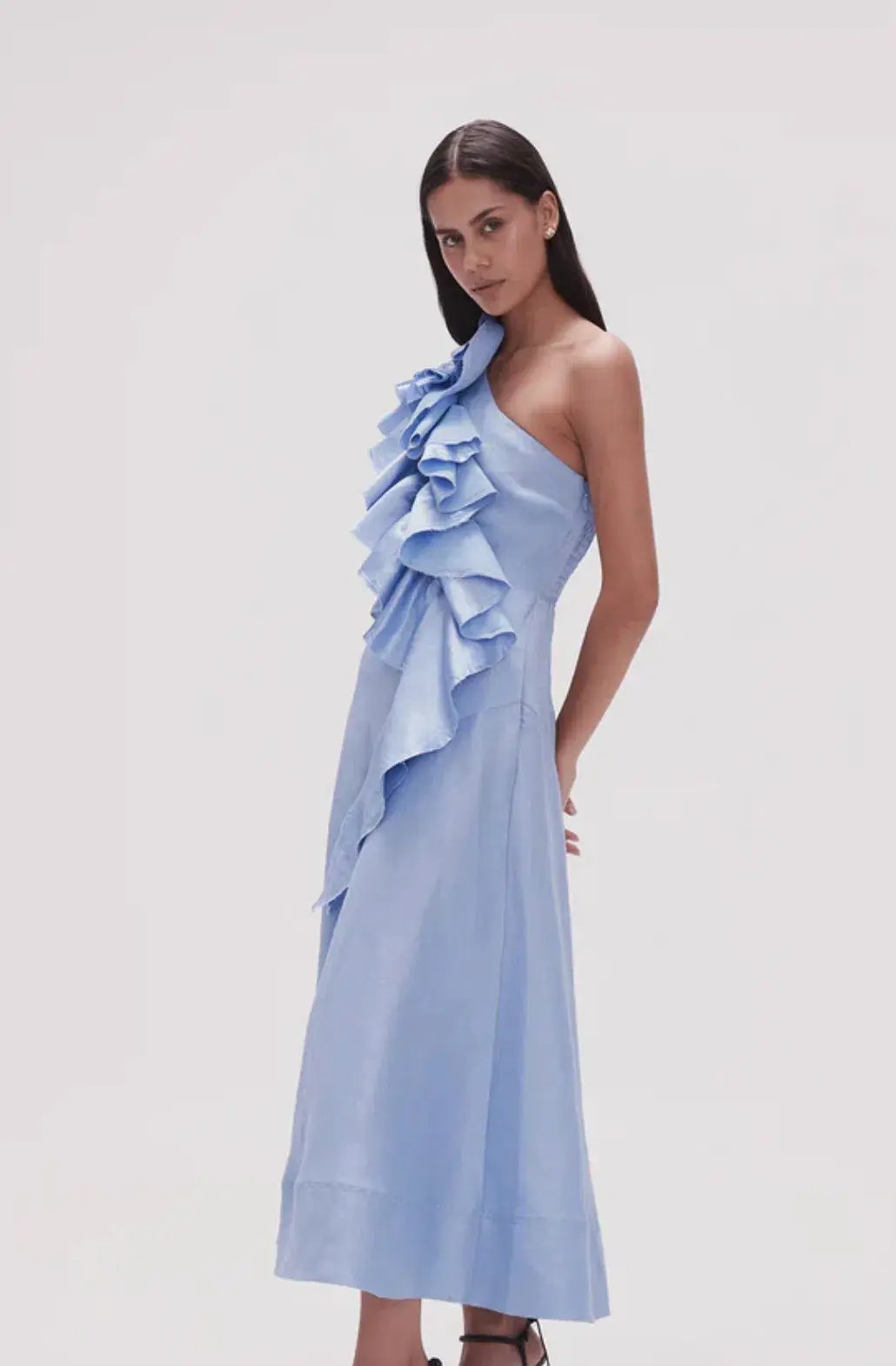 Aje Adelia Ruffle Midi Dress Light Sky Blue Size 8 photo 4