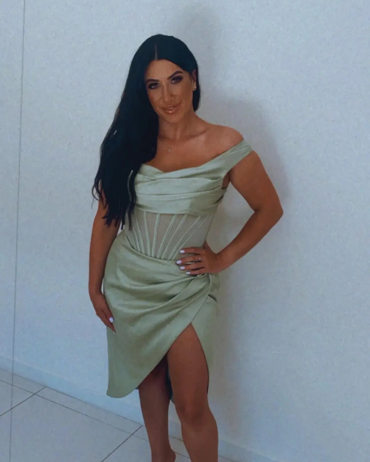 House of CB Lulu Asymmetric Drape Corset Midi Dress Green Size 8 photo 5