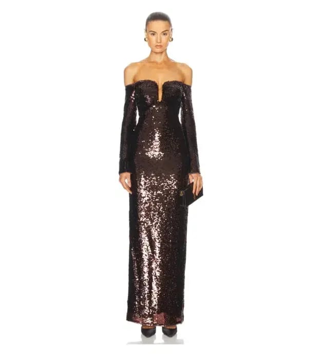 Self-portrait Sequin Off-shoulder Maxi Dress In Brown Size 14 photo 2