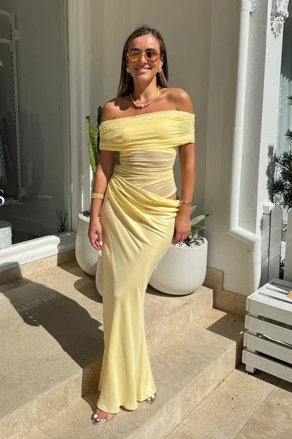 Benni Nico Off-Shoulder Maxi Dress in Butter Size AU 8 photo 5