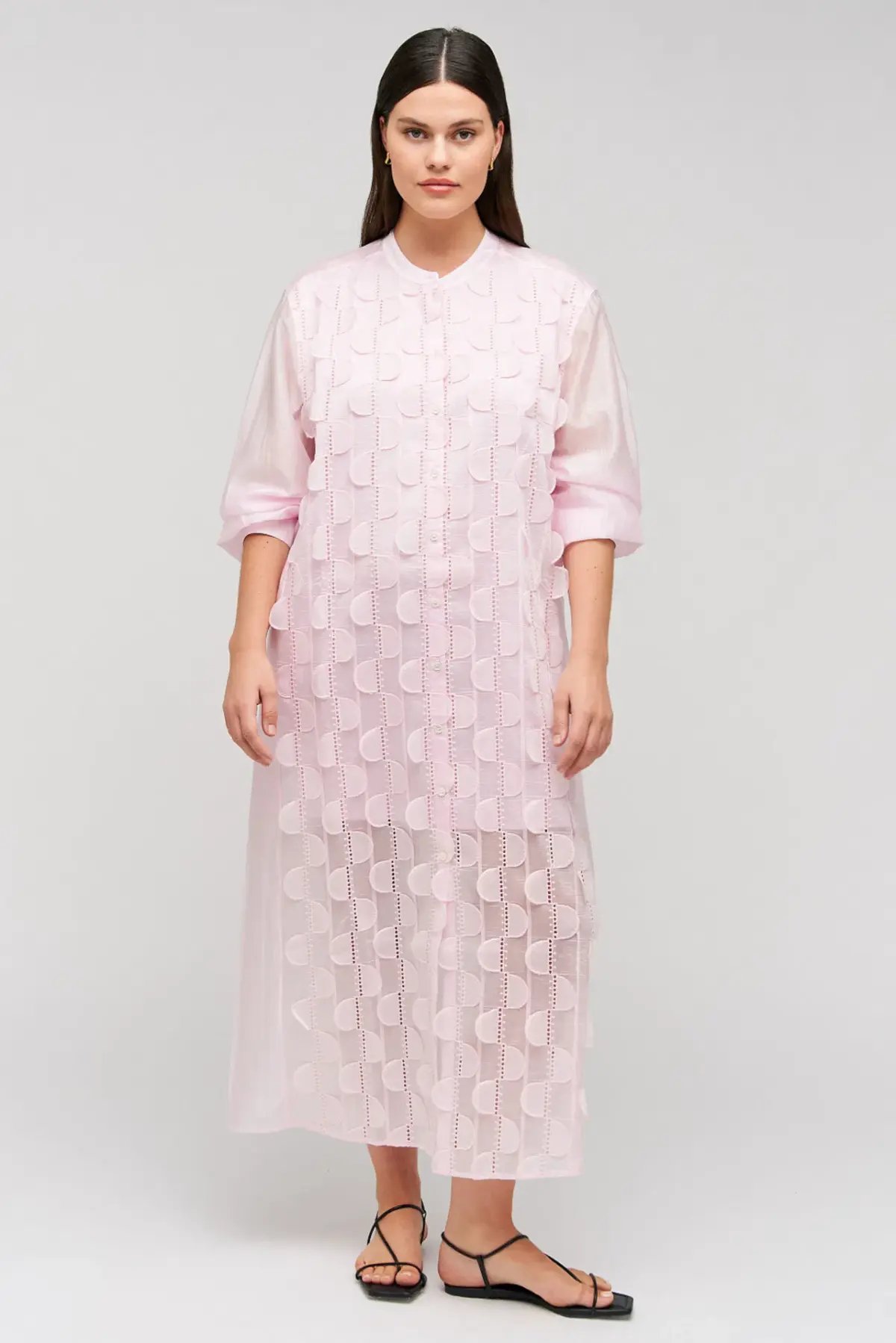 Oroton Scallop Lace Shirt Midi Long Sleeve Dress Pink Rose Size AU 16 photo 6