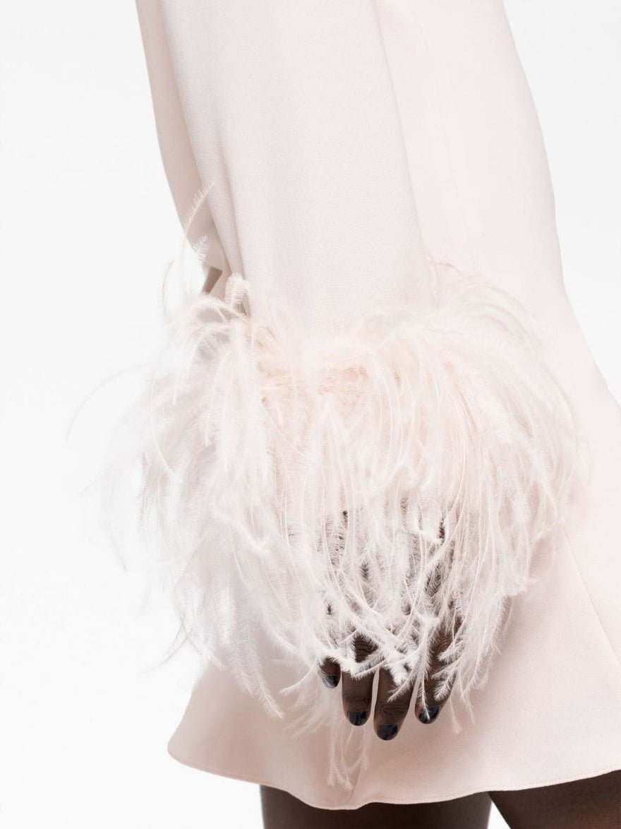 16Arlington Adelaide Asymmetric Feather Trimmed Crepe Mini Dress - Powder photo 2