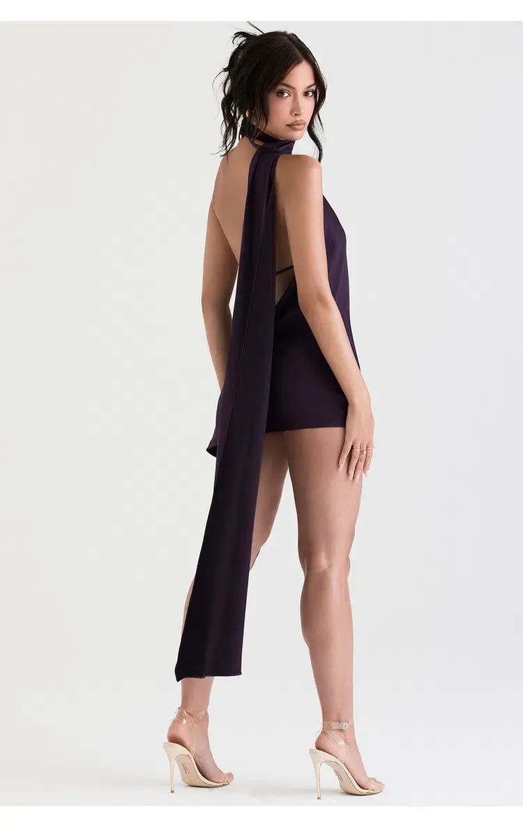 House of CB Aida Asymmetric Satin Wrap Neck Mini Dress Nightshade Size XS / Au 6 photo 3