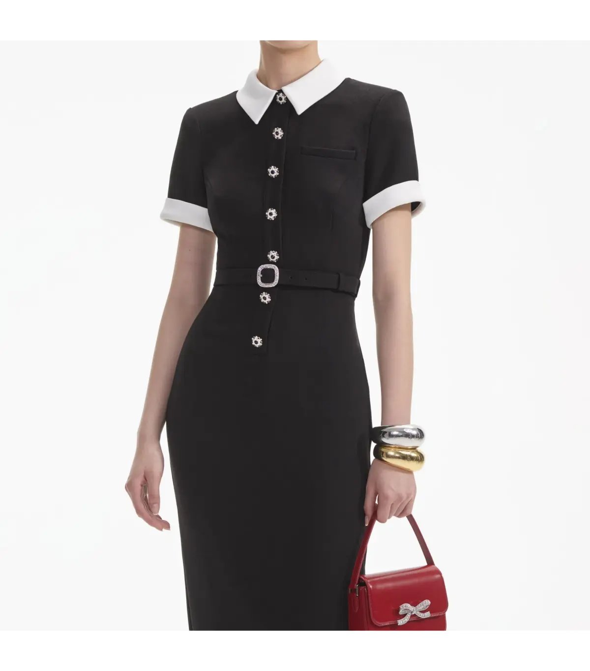 Self Portrait Crepe Contrast Midi Dress Black Size S / AU 8 photo 2