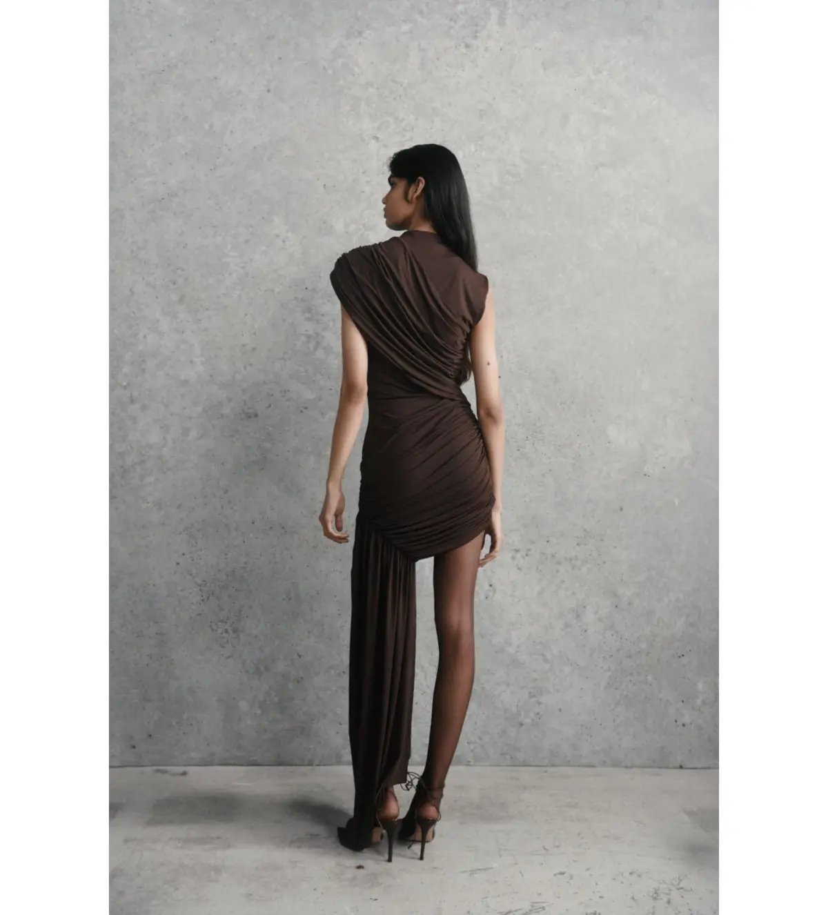 De La Vali Ravenna Draped Jersey Mini Dress in Chocolate Brown AU 6 photo 3