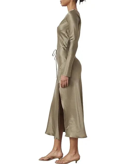 Bec & Bridge Classic Silk Asym Midi Dress Khaki Size 8 photo 3