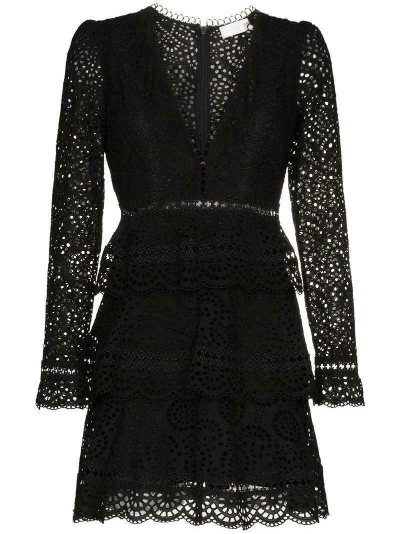 Zimmermann Tiered Cotton Eyelet Lace Mini Dress Black Size 1 / Au 10 photo 4