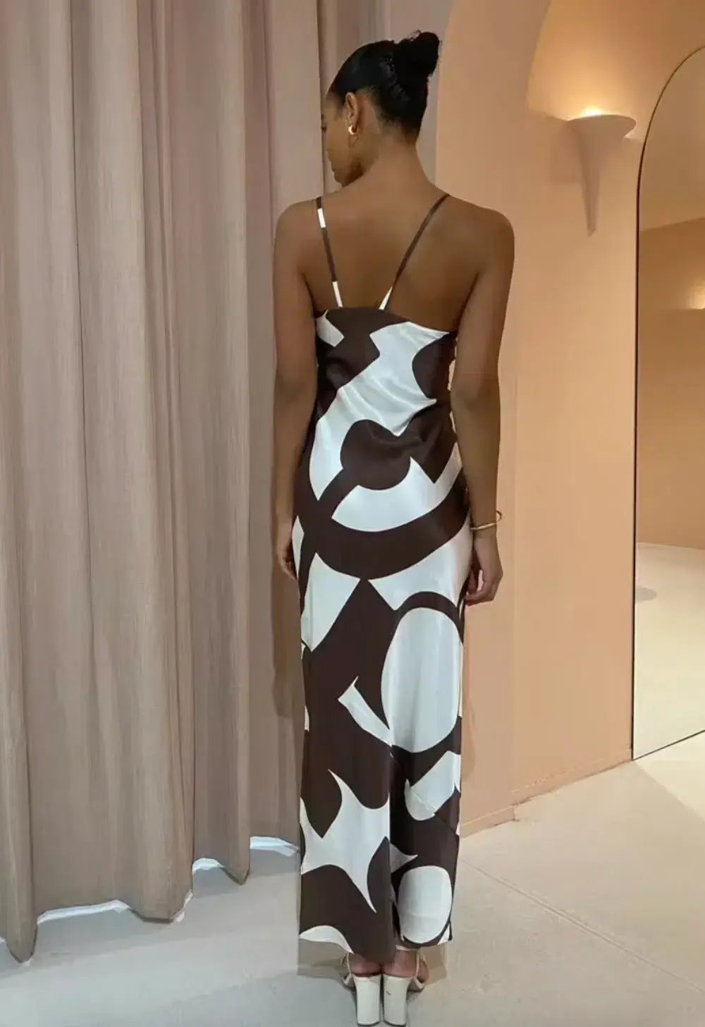 Sir the Label Julien Asymmetric Slip Dress in Abstract Chocolate Size 8 photo 2