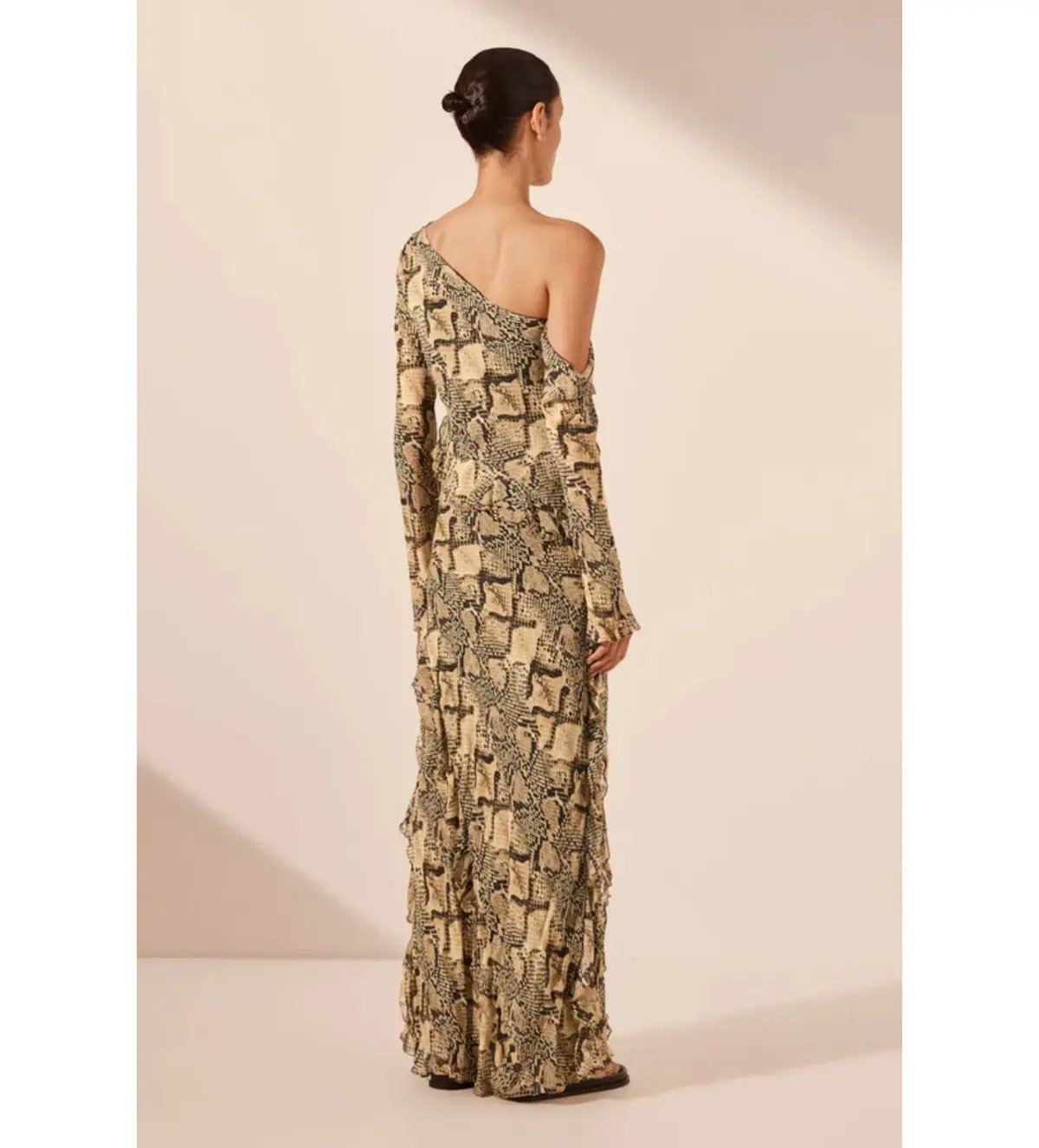 Shona Joy Hadiya Asymmetrical Long Sleeve Ruffle Maxi Dress in Hadiya Snake Print Size AU 8 photo 7