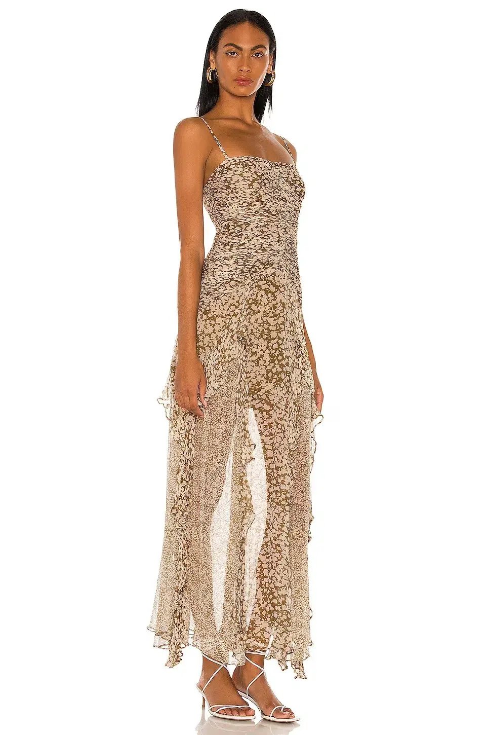 Shona Joy Claudette Ruched Frill Midi Dress Olive/Cream Print Size 8 photo 2
