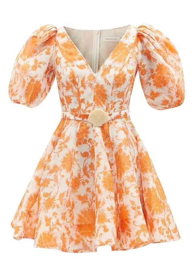 Zimmermann Postcard Puff Sleeve Flared Mini Dress Orange Tonal Floral AU14 (22:11) photo 7