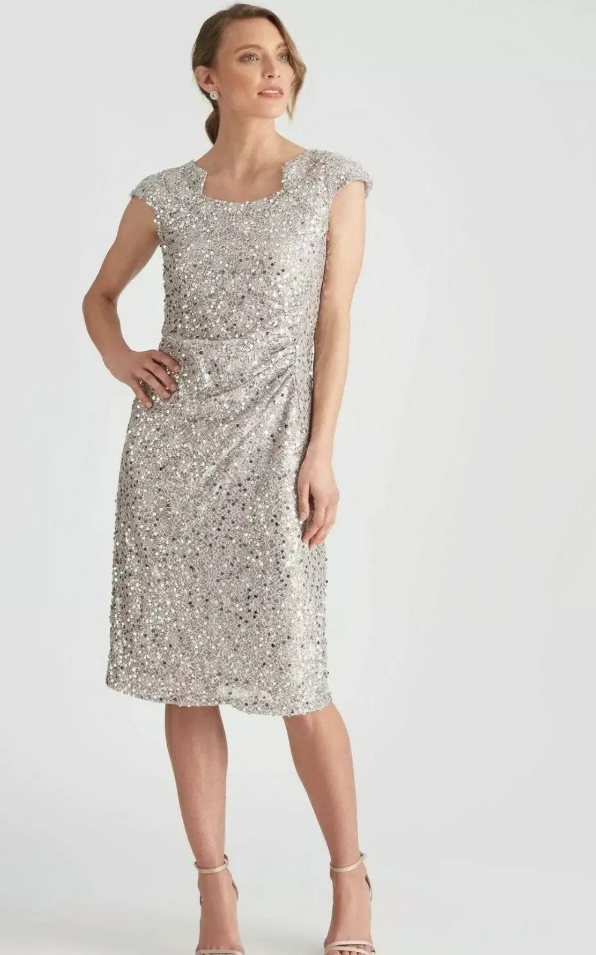 Liz Jordan After Dark Sequin Tuck Dress Silver Size 18 photo 3