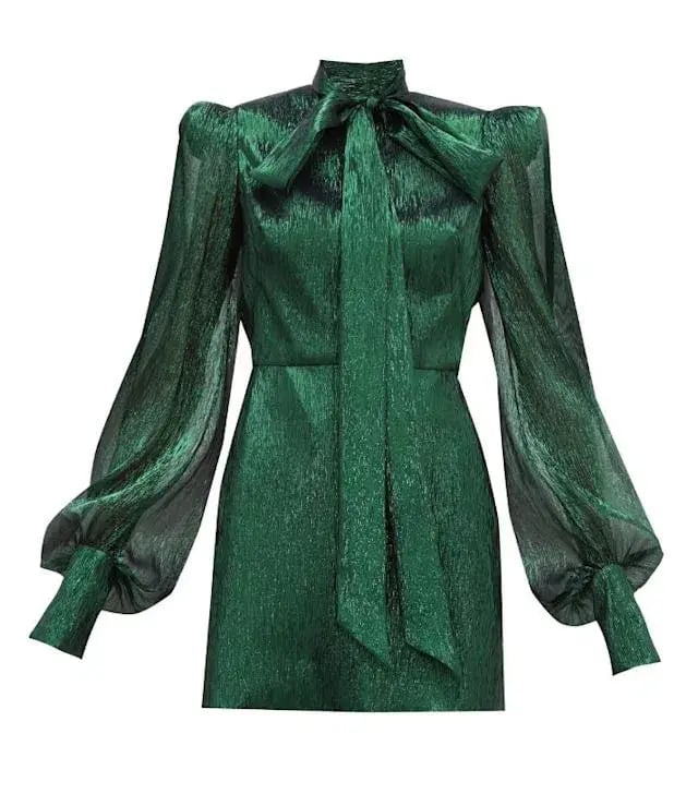 The Vampire's Wife The Pussybow Plissé Silk-Blend Lamé Mini Dress Dark Green Lame Size 10 photo 5