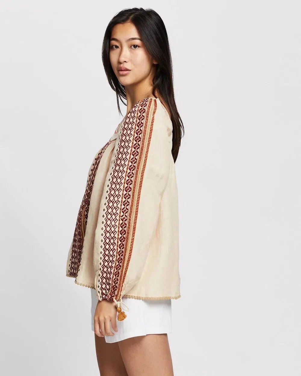 Tigerlily Dellah Embroidered Linen Long Sleeve Blouse Multi Size 12 photo 4